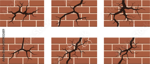 Set of different crack patterns on a brick wall, symbolizing structural damage or decay