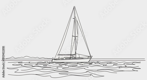 Minimalist line drawing of a sailboat navigating gentle waves toward a distant shoreline