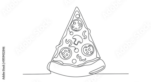 A minimalist outline of a pizza slice with toppings