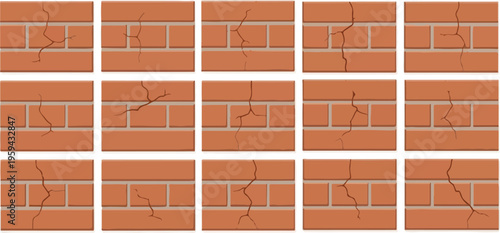 Collection of Cracks on Brick Walls Showing Different Stages of Damage and Deterioration