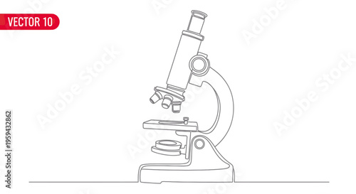 Detailed line drawing of a scientific microscope with multiple lenses