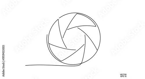 A stark, minimalist line drawing of a camera aperture on a white background