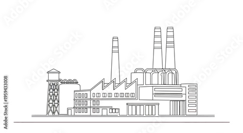 A stark, linear illustration of an industrial complex with multiple structures and chimneys