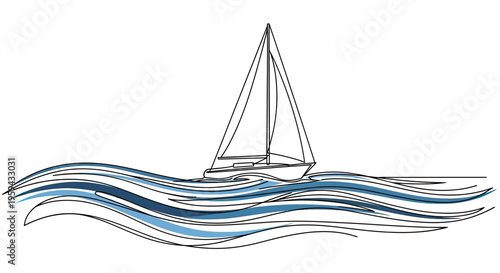 Black outlined sailboat glides on blue abstract waves
