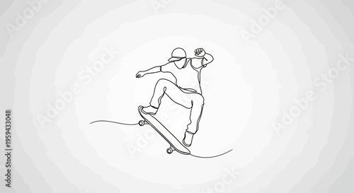 Single line drawing of a skateboarder performing a trick