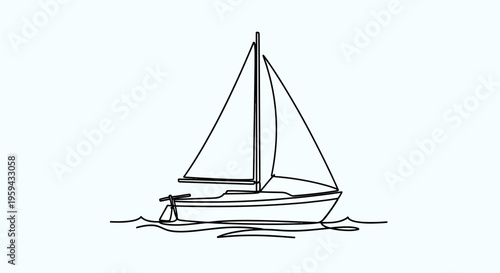 A minimalist, black-line drawing of a sailboat on water