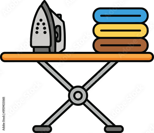 Iron and ironing board with folded clothes for garment care and wrinkle removal