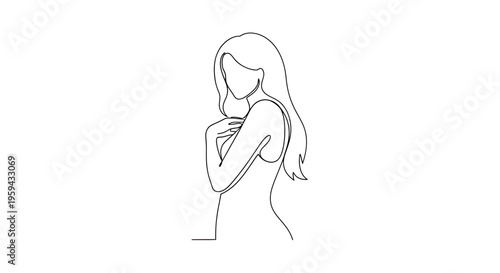Elegant line drawing of a woman embracing herself with long flowing hair