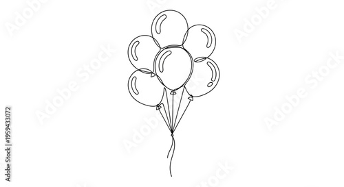 Minimalist line drawing of a cluster of seven balloons tied together
