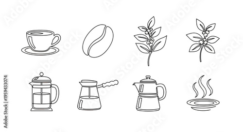 A collection of simple line art icons depicting coffee-related items