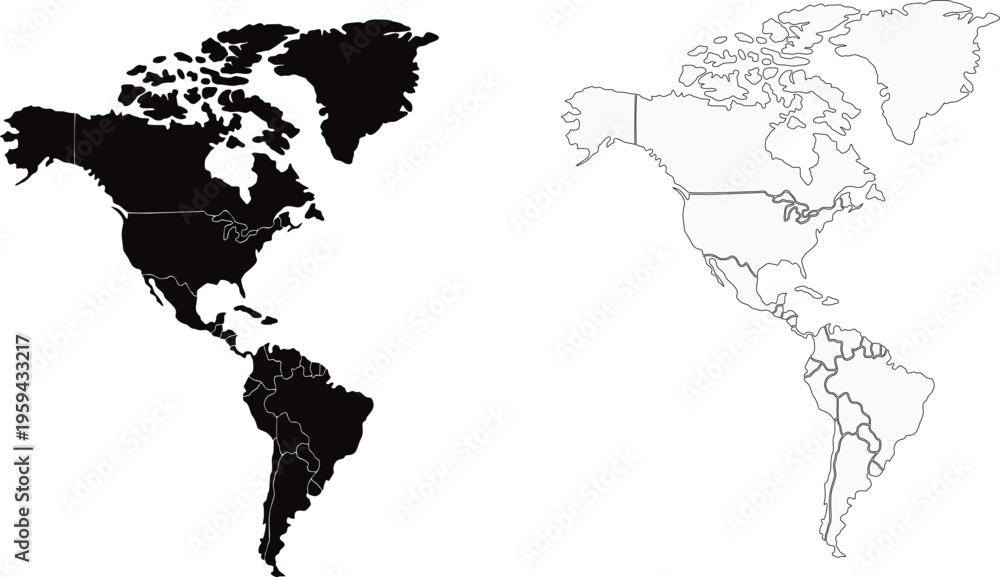 Fototapeta premium north and south america silhouett and outline map set