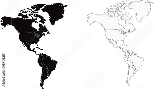 north and south america silhouett and outline map set