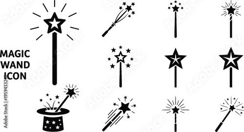Set of black magic wand icons and magician hat with stars representing fantasy performance and occult arts