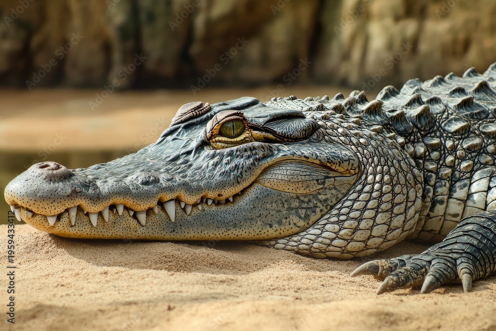 Fototapeta premium Nile crocodile resting on sandy bank near water in natural habitat during daytime