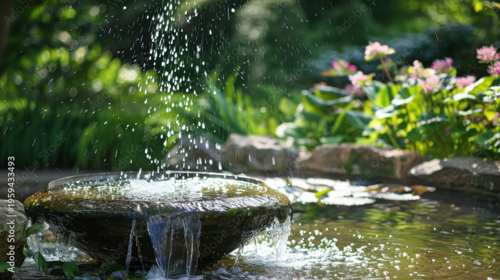 Fototapeta premium Serene garden fountain with water flowing from a bowl shaped stone into a pond surrounded by lush greenery and vibrant pink flowers on a sunny day