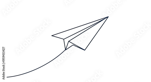 Minimalist line art of a paper airplane taking flight, ascending with a curved trail