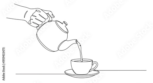 Hand pouring hot liquid from a teapot into a waiting cup and saucer