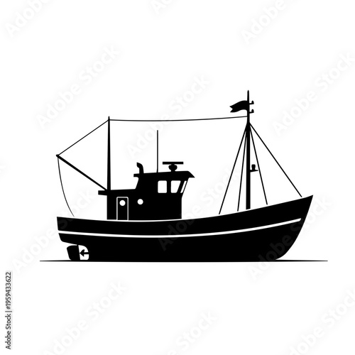 Simple vector silhouette of a classic fishing boat, a traditional marine vessel essential for ocean industry and seafood harvesting, ideal for various nautical graphic designs
