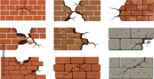 Set of Cracked Brick and Stone Walls for Damaged Surface Visuals