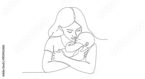 Gentle embrace A mother cradles her sleeping infant in a tender one-line drawing