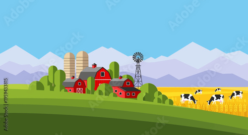 Rural Farm Landscape Flat Illustration with Red Barns Silos Windmill and Grazing Cows in Golden Wheat Field