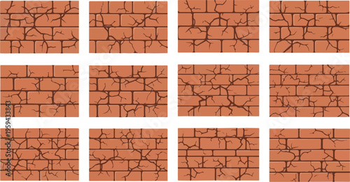 Collection of weathered brick wall textures with visible cracks and mortar details