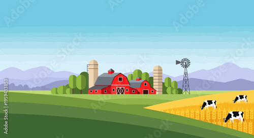 Flat Vector Illustration of a Picturesque Farm Landscape with Red Barn, Silos, Windmill, and Cows Grazing in Fields