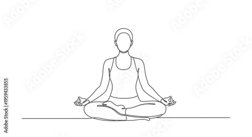 Single line drawing of a person meditating in a lotus pose on a white background