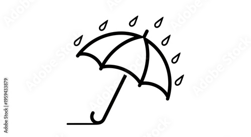 A simplified black and white illustration of an umbrella with falling raindrops