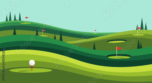Minimalist Flat Illustration of a Golf Course Landscape with Rolling Green Hills, Red Flags, and a Golf Ball on a Tee