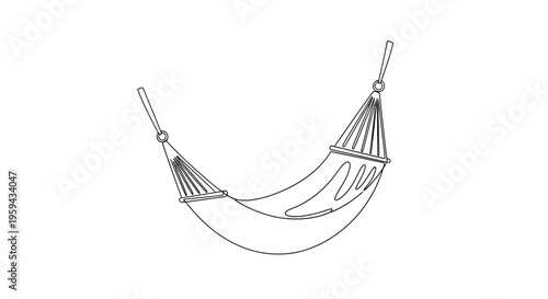 Minimalist line drawing of a fabric hammock suspended by ropes on a white background