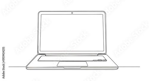 Open line drawing of a sleek, modern laptop on a white background