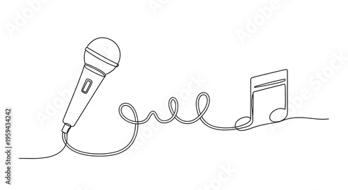 A single line drawing connects a microphone to a musical note with a coiled cord