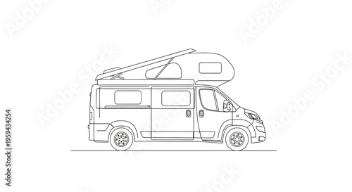Detailed line drawing of a pop-top camper van, side profile