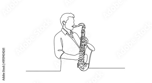 One continuous line drawing of a man playing a saxophone (1)