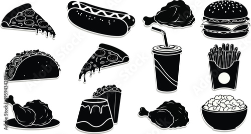 Black silhouette icons of takeaway dinner and cinema concession