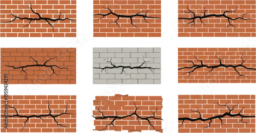 Cracked brick wall texture set with different crack patterns for building and repair illustrations