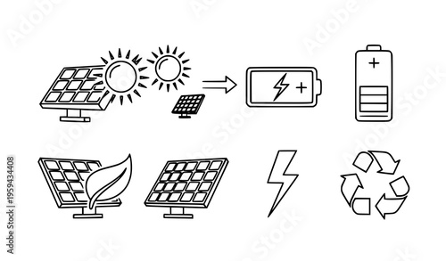 Solar Energy and Renewable Power Icon Set with Solar Panels, Sun, Battery Charging, Lightning, and Recycling Symbols for Sustainable Technology Vector Design