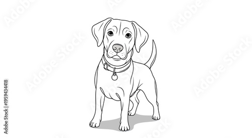 A black and white line drawing of a small, attentive dog standing on a white background