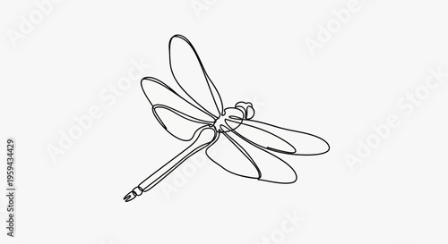 A minimalist black line drawing of a dragonfly in flight