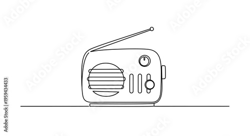 Minimalist line drawing of a retro radio with antenna, speaker, and knobs