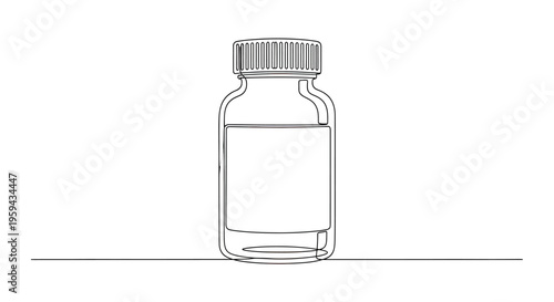 Minimalist line art of a clear bottle with a blank label and ribbed cap