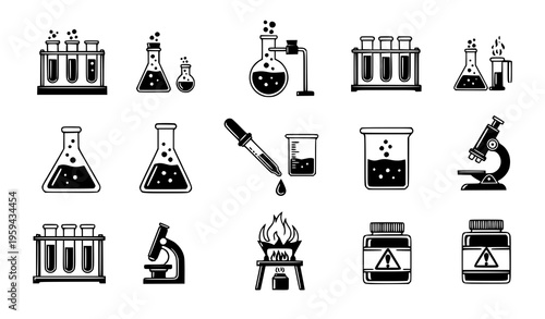 Chemistry Laboratory Icon Set with Flasks, Beakers, Test Tubes, Microscope, and Scientific Experiment Tools for Education and Research Vector Illustration
