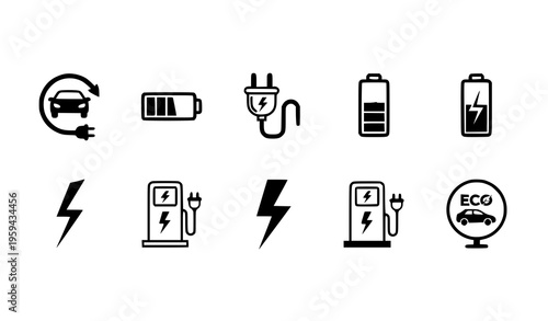 Electric Vehicle and Charging Icon Set with EV Car, Battery Levels, Plug, Charging Station, and Eco Energy Symbols for Sustainable Transport Vector Design