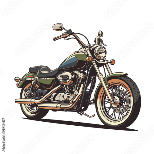 Classic green motorcycle with chrome details on white background