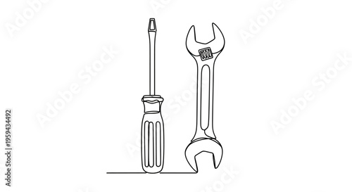 A minimalist illustration depicts a flathead screwdriver and an adjustable wrench