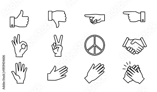 Hand Gesture Icon Set with Thumbs Up, Peace Sign, Handshake, and Communication Symbols for Interaction, Feedback, and Human Expression Vector Design