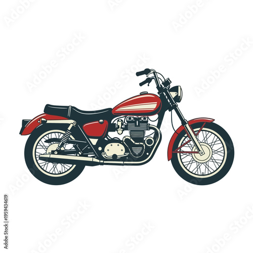 Red classic motorcycle side view, retro vehicle illustration