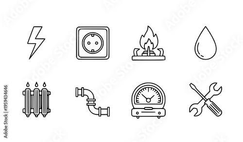 Energy and Utility Icon Set with Electricity, Socket, Heating Radiator, Gas Flame, Water Drop, Pressure Gauge, and Repair Tools Vector Design