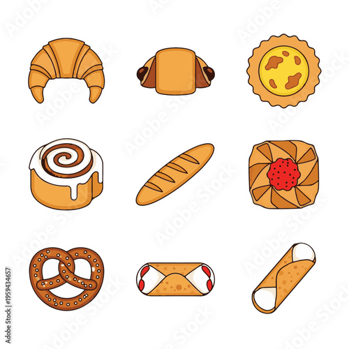 A vibrant collection of nine diverse baked goods and pastries, including croissants, cinnamon rolls, baguettes, pretzels, and cannolis, presented in a colorful cartoon style.